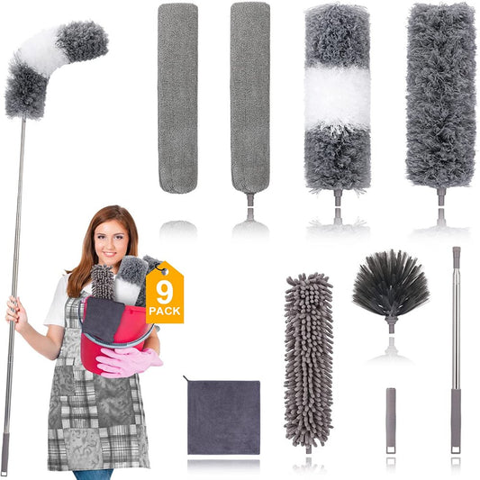 Happylost Microfiber Duster, 9PCS Extendable Feather Duster (Stainless Steel) 30 to 100 inches, Reusable Bendable Washable Dusters for Cleaning Ceiling Fan, High Ceiling, Blinds, Furniture, Cars, Gray