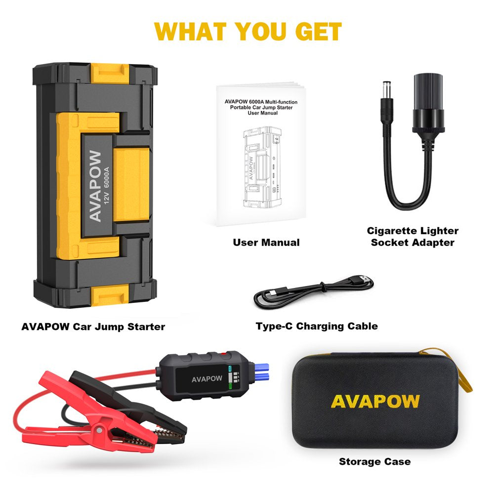 AVAPOW 6000A Car Jump Starter - Upgraded, Dual USB Quick Charge & LED Light, 12V Jump Pack for Gas & 12L Diesel