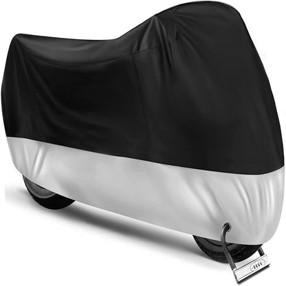 XXL Motorcycle Cover Outdoor Waterproof, All Season Motorcycle Sun Dust Cover - Black and Silver