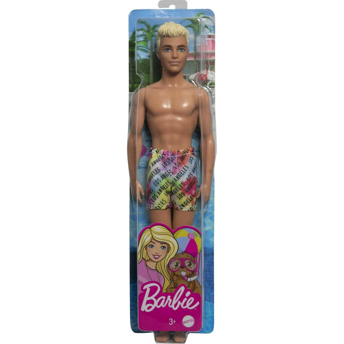 Barbie Ken Beach Doll with Blonde Hair Dressed in Colorful Los Angeles-Print Swim Trunks