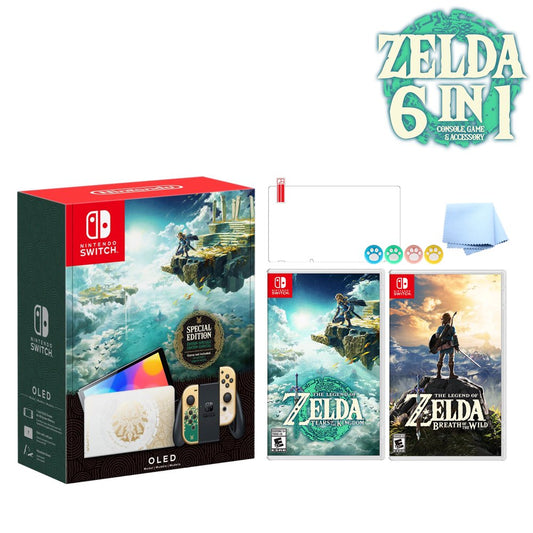 2023 Nintendo Switch OLED Zelda Limited Edition 6 in 1 Collection, Green & Gold Joy-Con 64GB Console, Hylian Themed Dock, The Legend of Zelda BOTW and TOTK, 3 Mytrix Accessories - JP Version