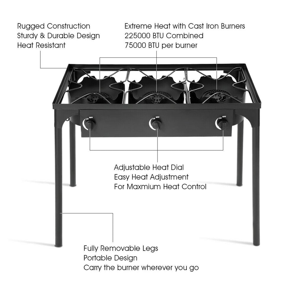 Goplus Portable Propane 225,000-BTU 3 Burner Gas Cooker Outdoor Camp Stove BBQ