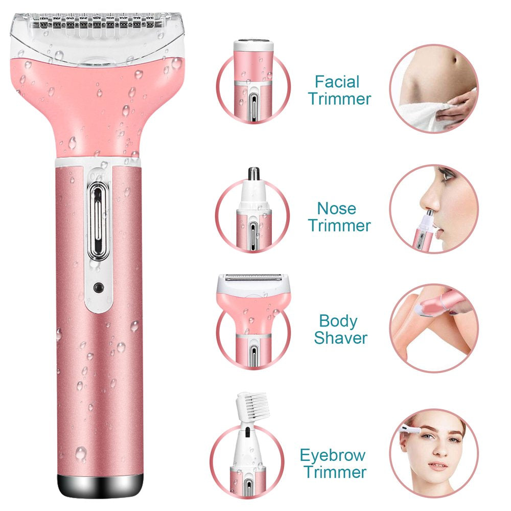 4 in 1 Women Electric Shaver Rechargeable Waterproof Razor Painless Epilator Body Hair Remover Nose Hair Beard Bikini Trimmer Eyebrow Face Facial Armpit Legs Removal Clipper Lady Grooming Groomer Kit