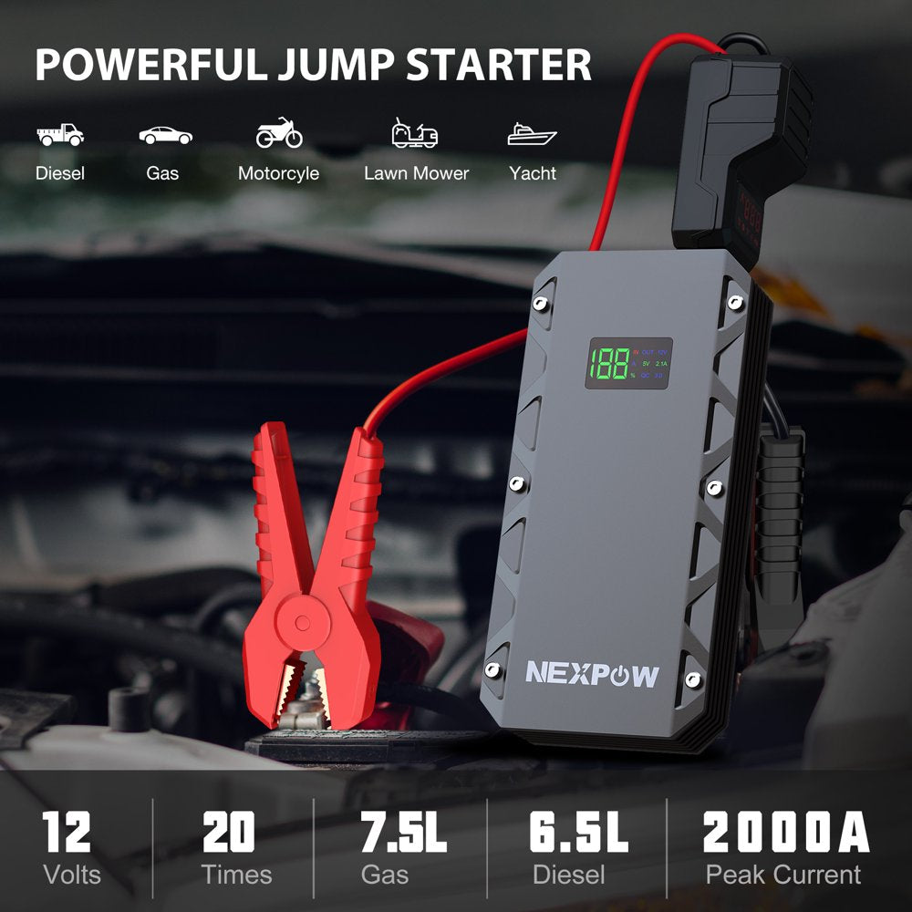 NEXPOW 2000A Peak Car Jump Starter - 12V Portable Battery Starter with USB Quick Charge 3.0 (up to 7.0L Gas or 6.5L Diesel Engine), Battery Booster with Built-in LED Light