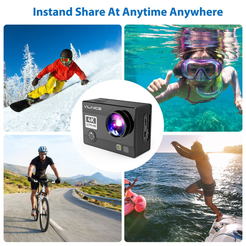 Action Camera, 4K WiFi Camera with EIS 30m Underwater Waterproof Cameras for Snorkeling, Sports Camera with 16MP Sony Sensor, Camera Compatible Case, Remote Control for Gift, Travel