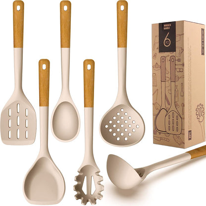 Large Silicone Cooking Utensils - Heat Resistant Kitchen Utensil Set with Wooden Handles, Spatula,Turner, Slotted Spoon, Pasta server, Kitchen Gadgets Tools Sets for Non-Stick Cookware (Khaki)