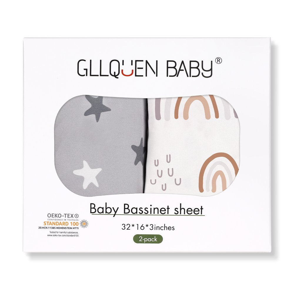 Baby Gray and White Bassinet Fitted Sheet Set, 2 Pack, for Newborn Infant Girls or Boys Nursery Bedding Mattresses Cover, Twinkle and Rainbows