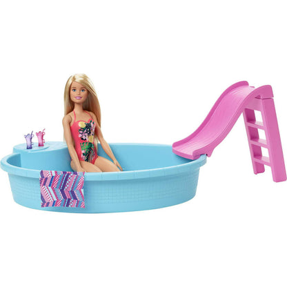 Barbie Doll and Pool Playset with Slide and Accessories, Blonde in Tropical Swimsuit