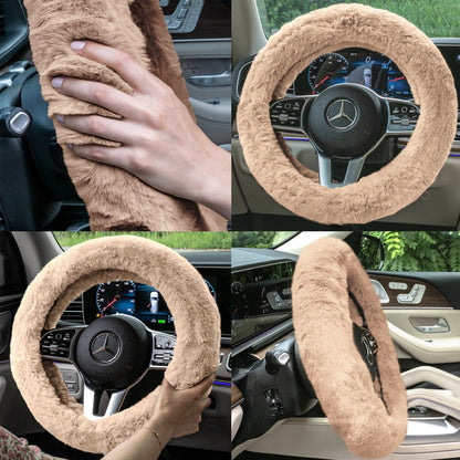  Faux Rabbit Fur Cozy Soft Fluffy Fuzzy Universal Fit Plush Steering Wheel Cover for Car, SUV, Van, Truck - Beige FH2016BEIGE