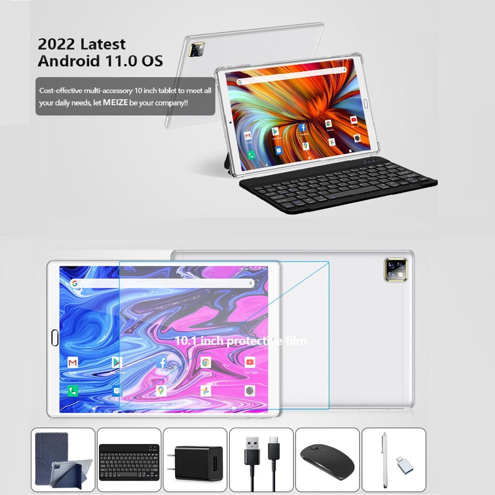 Tablet 10 Inch Android Tablet Android 11.0 Tablet with Keyboard Wireless Mouse Case Stylus,5G Wifi Tablet,4Gb RAM 64GB ROM Storage,128Gb Expandable,Quad Core Processor,White Tablet,Back-To-School Gift