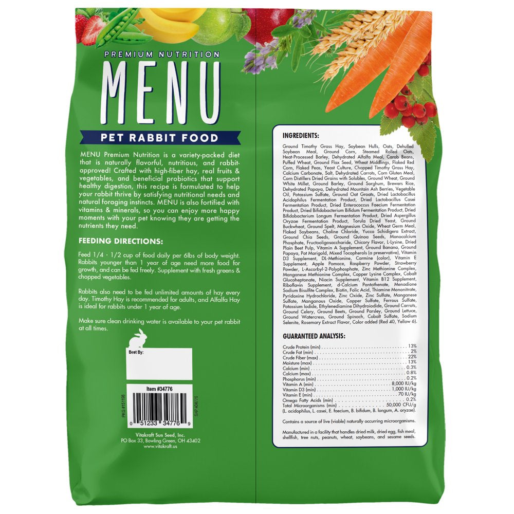 Menu Premium Rabbit Food - Timothy Hay Pellets Blend - Vitamin and Mineral Fortified, 4 lb