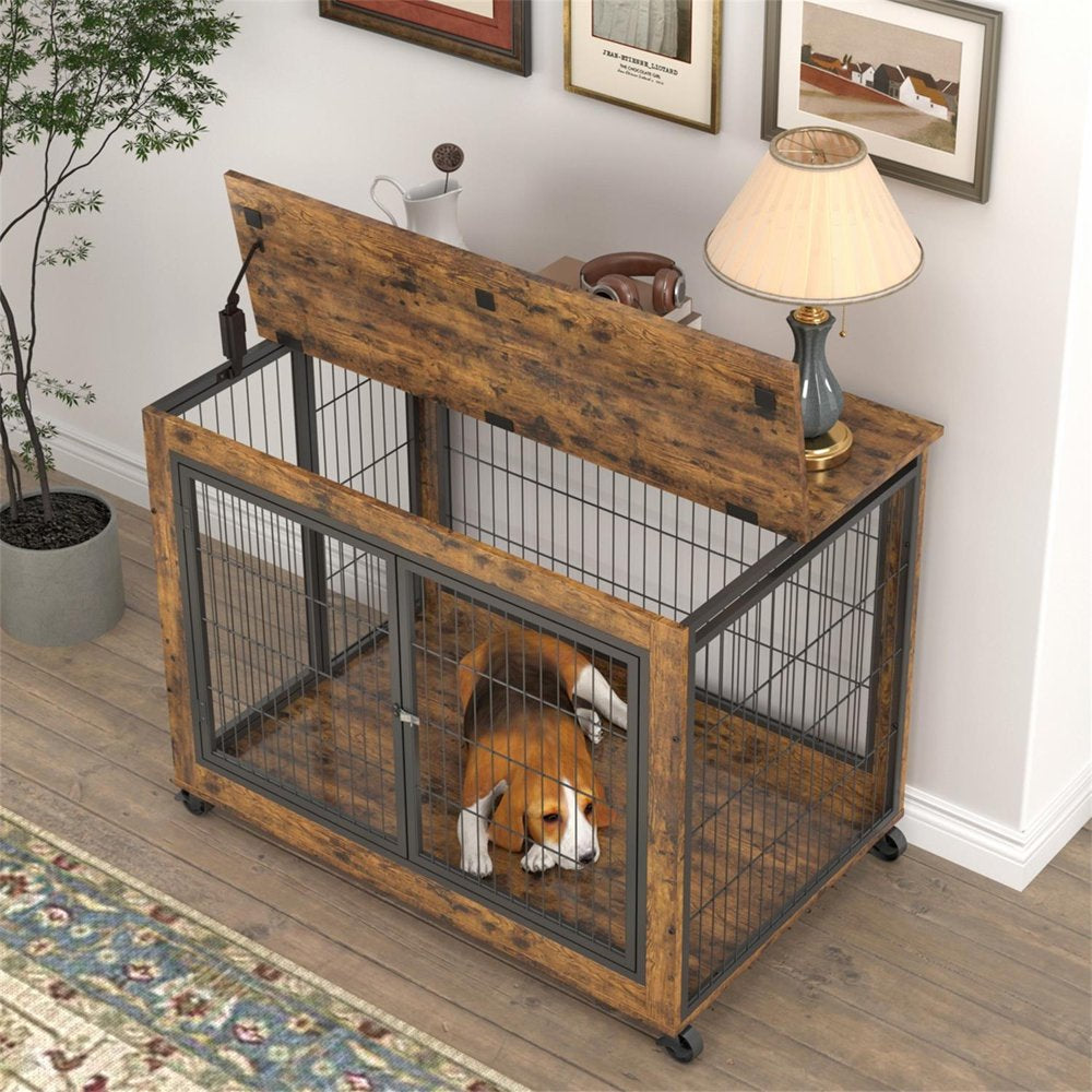 Pefilos 27 Inches Dog Crate Rustic Style Furniture Dog Cage Crate with Double Doors and Lift Top Heavy-Duty Kennel, Brown