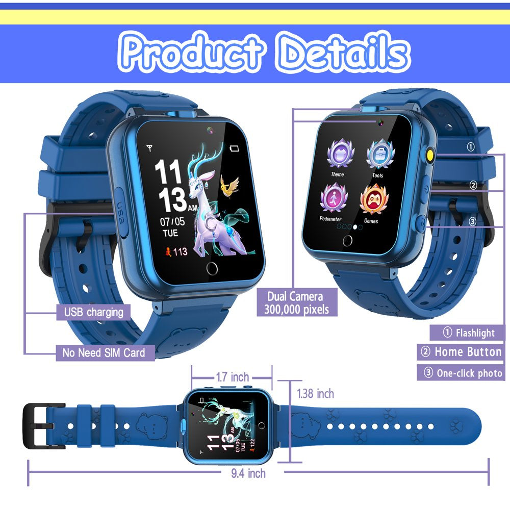 Kids Game Smart Watch for Boys Girls,Smart Wristwatch for Kids with 24 Games 5 Languages 3 Alarms 2 Cameras Music Torch Pedometer Calendar,Best Gifts for Children(Blue)