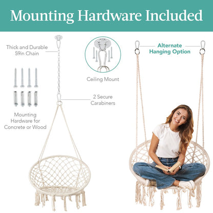 Best Choice Products Macrame Hanging Chair, Handwoven Cotton Hammock Swing w/ Mounting Hardware - Beige