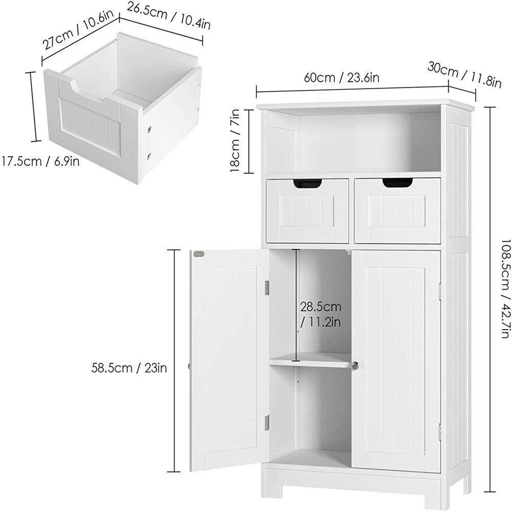 Homfa Bathroom Floor Storage Cabinet, Wood Linen Cabinet with Doors and Drawers and Adjustable Shelf, Kitchen Cupboard, Free Standing Organizer for Living Room Entryway Home Office, White