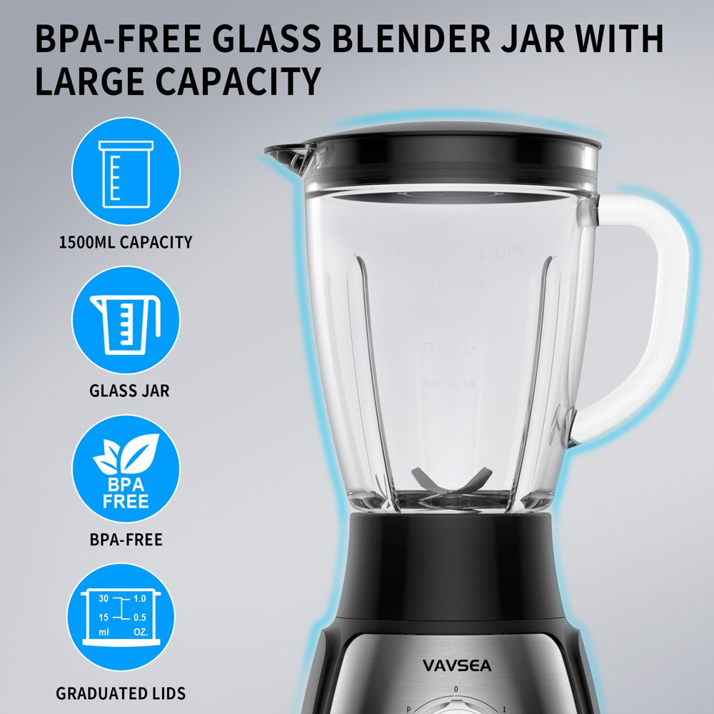 VAVSEA 1000W Countertop Blender with 51oz Glass Jar & 20oz Travel Cup for Shake and Smoothies, 5 Speed Multifunctional Blender for Kitchen Ice Crush Fruit Protein Drinks Vegetable, Silver