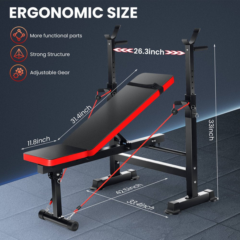  Adjustable Weight Bench 600lbs 4-in-1 Foldable Workout Bench Set with Barbell Rack, Resistance Bands, Multi-Function Strength Training Bench Press Exercise Equipment for Home Gym