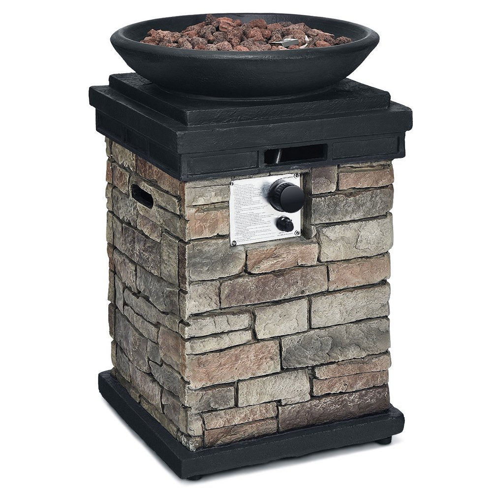 Costway Patio Propane Burning Fire Bowl Column W/ Lava Rocks & Cover 40,000 BTU