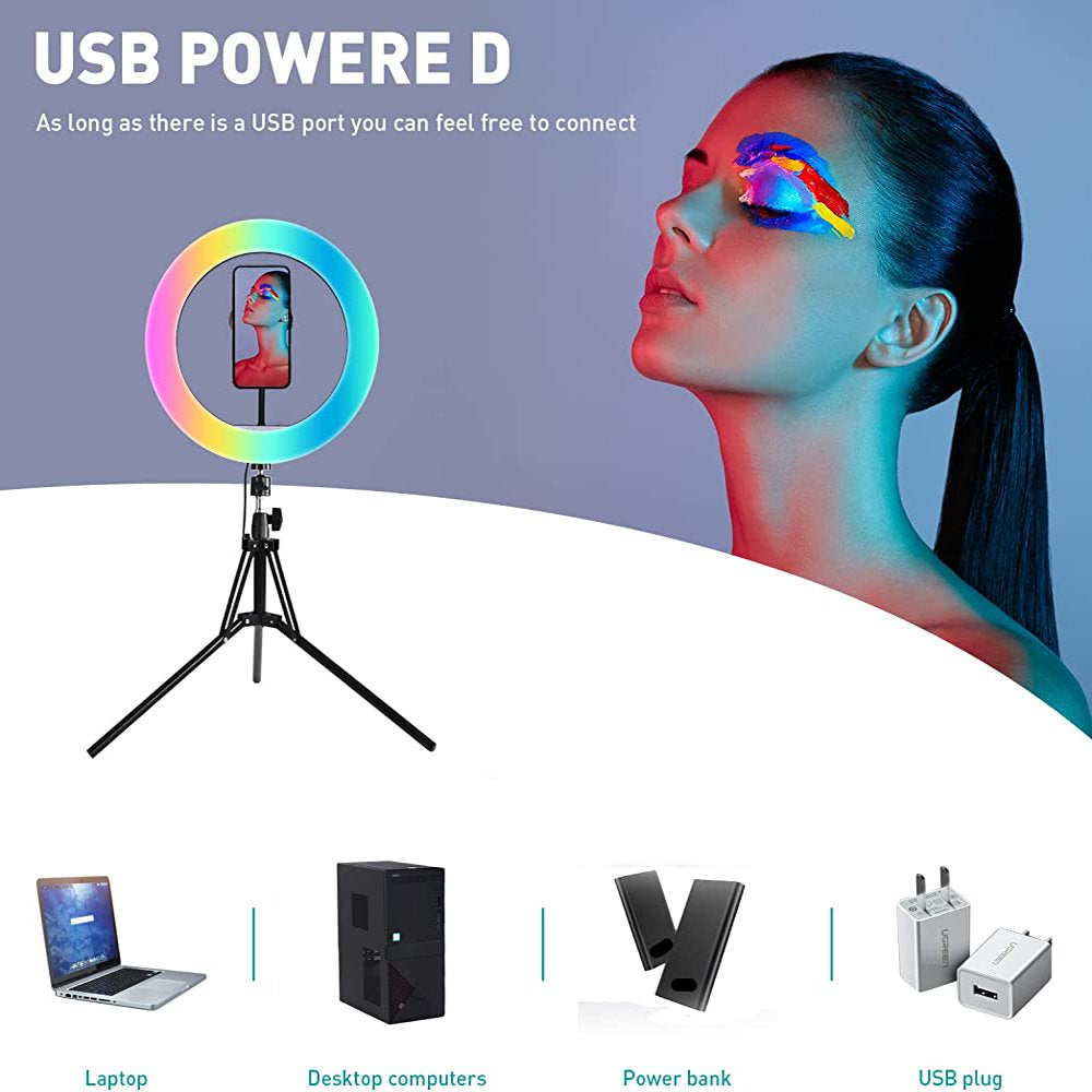 12" LED RGB Selfie Ring Light w/ Mini & Extendable Tripod Stand & Phone Holder 10 Brightness Level 26 Light Modes Dimmable Ringlight for Beauty Makeup Live Streaming YouTube Video Photography Shooting