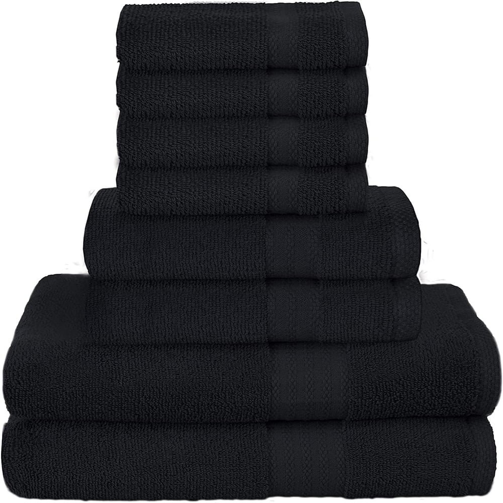 GLAMBURG Ultra Soft 8-Piece Towel Set - 100% Pure Ringspun Cotton, Contains 2 Oversized Bath Towels 27x54, 2 Hand Towels 16x28, 4 Wash Cloths 13x13 - Ideal for Everyday use, Hotel & Spa - Black