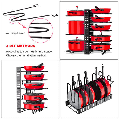 Pot Rack Organizer 8-Tier Pot and Pan Organizer Suitable for Kitchen, Black