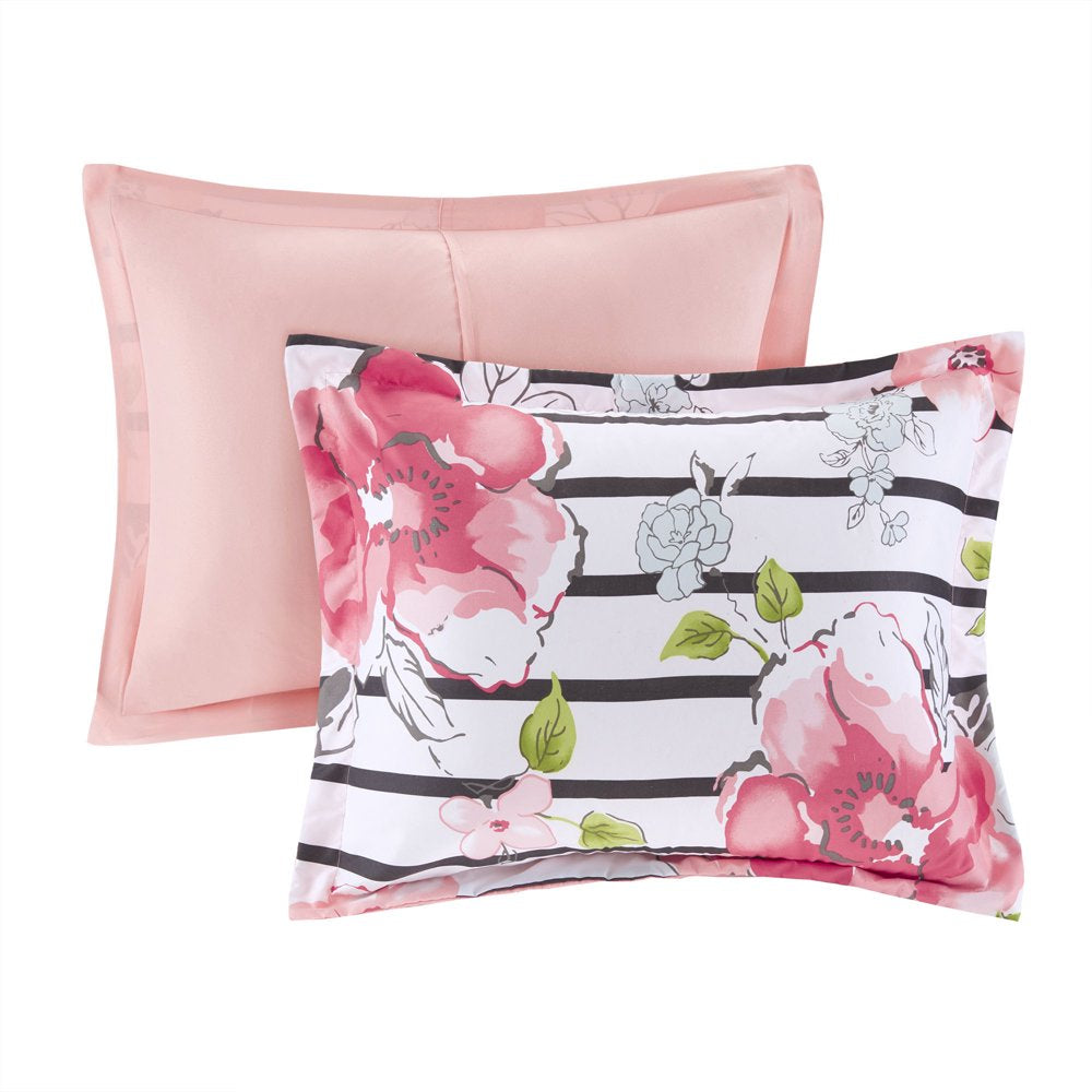 Comfort Spaces Spring 4-Piece Full/Queen Comforter Set Microfiber Pink Striped Floral Reversible Bedding