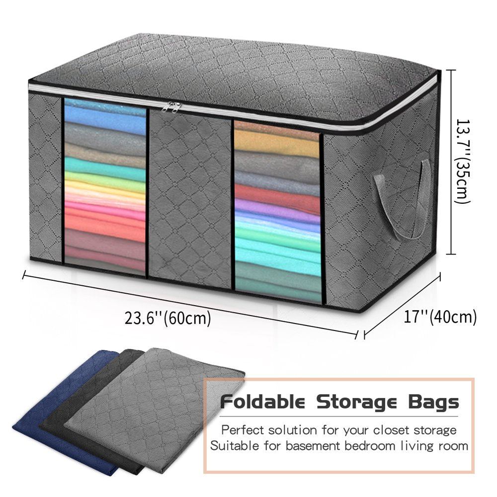 Closet Storage Bags Organizers, Large Clothing Storage Bags with Reinforced Handle, Foldable Clothes Storage Bags Closet Organizers, Blanket Storage Bags for Bedding, Clothes - 4 Pack