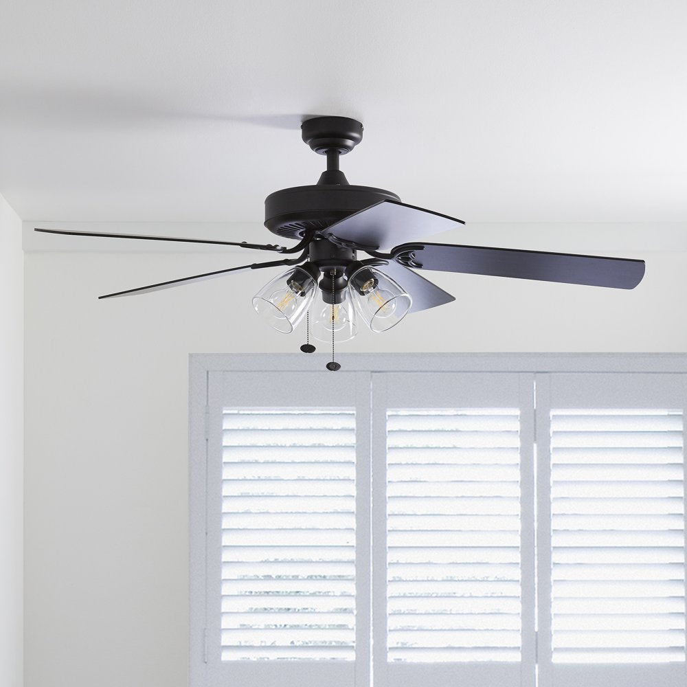 Better Homes & Gardens 52" Matte Black Ceiling Fan with Light, 5 Blades, Pull Chains & Reverse Airflow