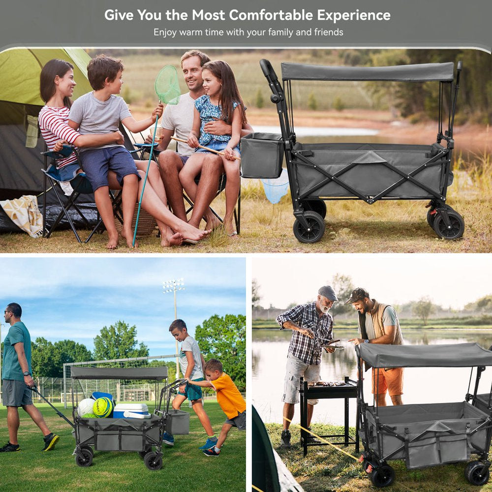 Collapsible Beach Wagon Cart with Removable Canopy, VECUKTY Foldable Wagon Utility Carts with Fat Wheels and Rear Storage, for Garden Camping Grocery Shopping Cart,Gray