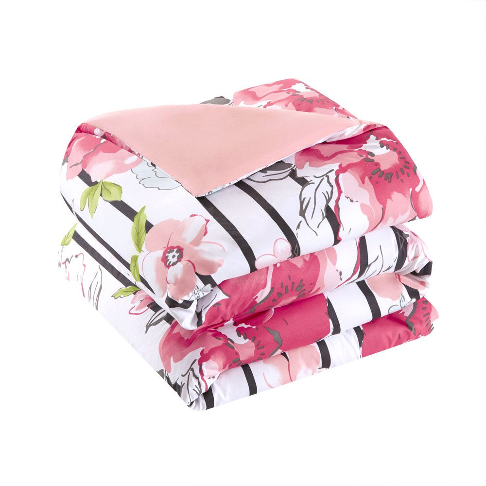 Comfort Spaces Spring 4-Piece Full/Queen Comforter Set Microfiber Pink Striped Floral Reversible Bedding