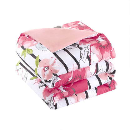 Comfort Spaces Spring 4-Piece Full/Queen Comforter Set Microfiber Pink Striped Floral Reversible Bedding