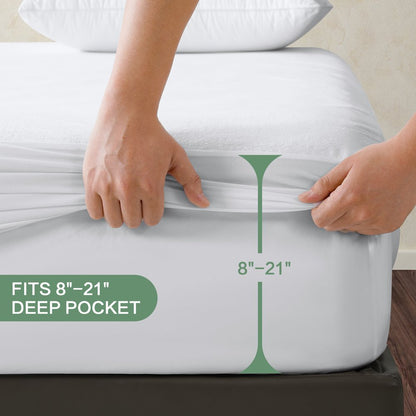  Queen Size Waterproof Mattress Protector Cover with Deep Pocket Fitted Up to 8"-21", 100% Cotton Terry Surface, Breathable & Noiseless & Comfort