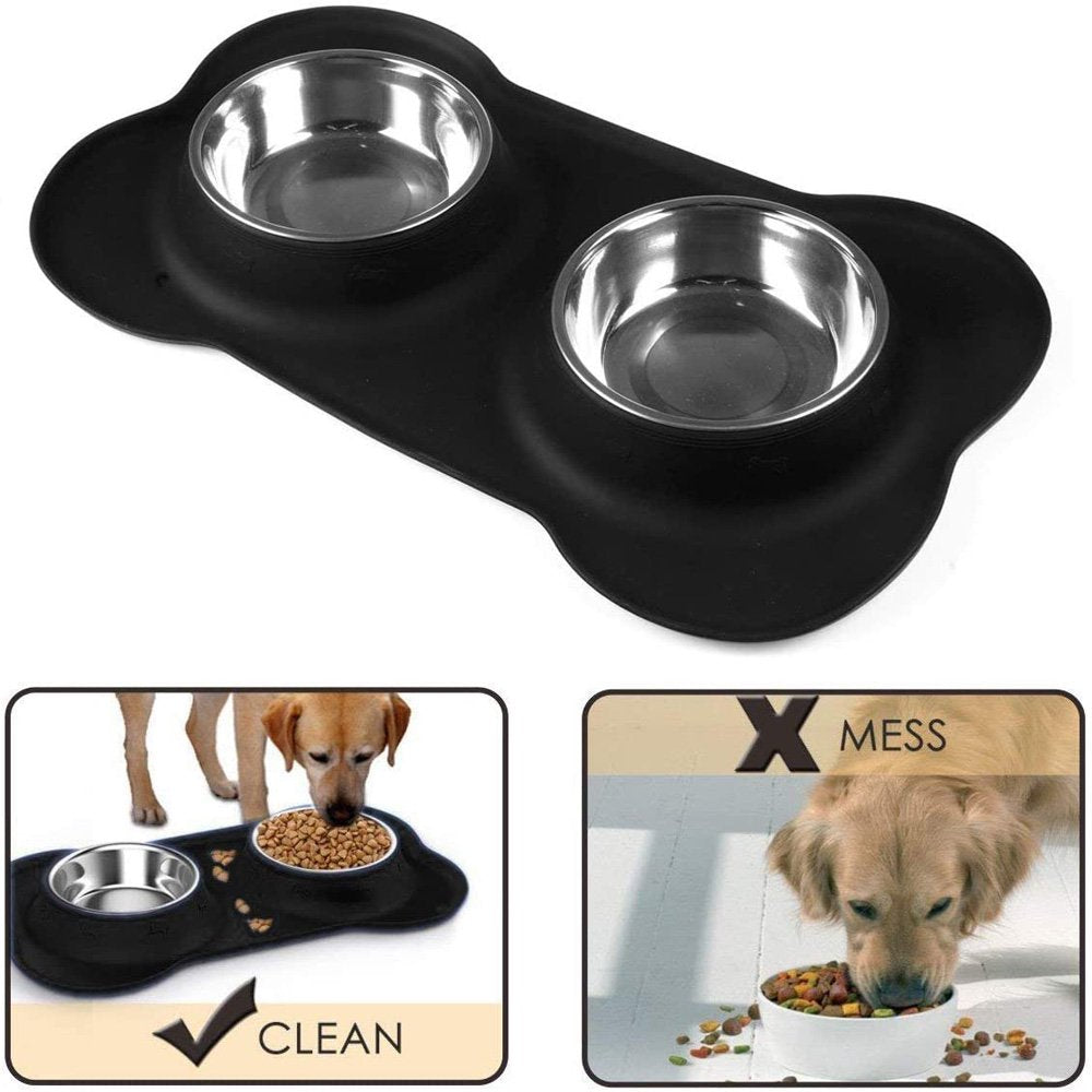 Dog Bowls, Double Dog and Cat Bowls with Anti-Overflow and Anti-Skid Dog Food Mat, Small Dog and Cat Feeding Water and Bowls