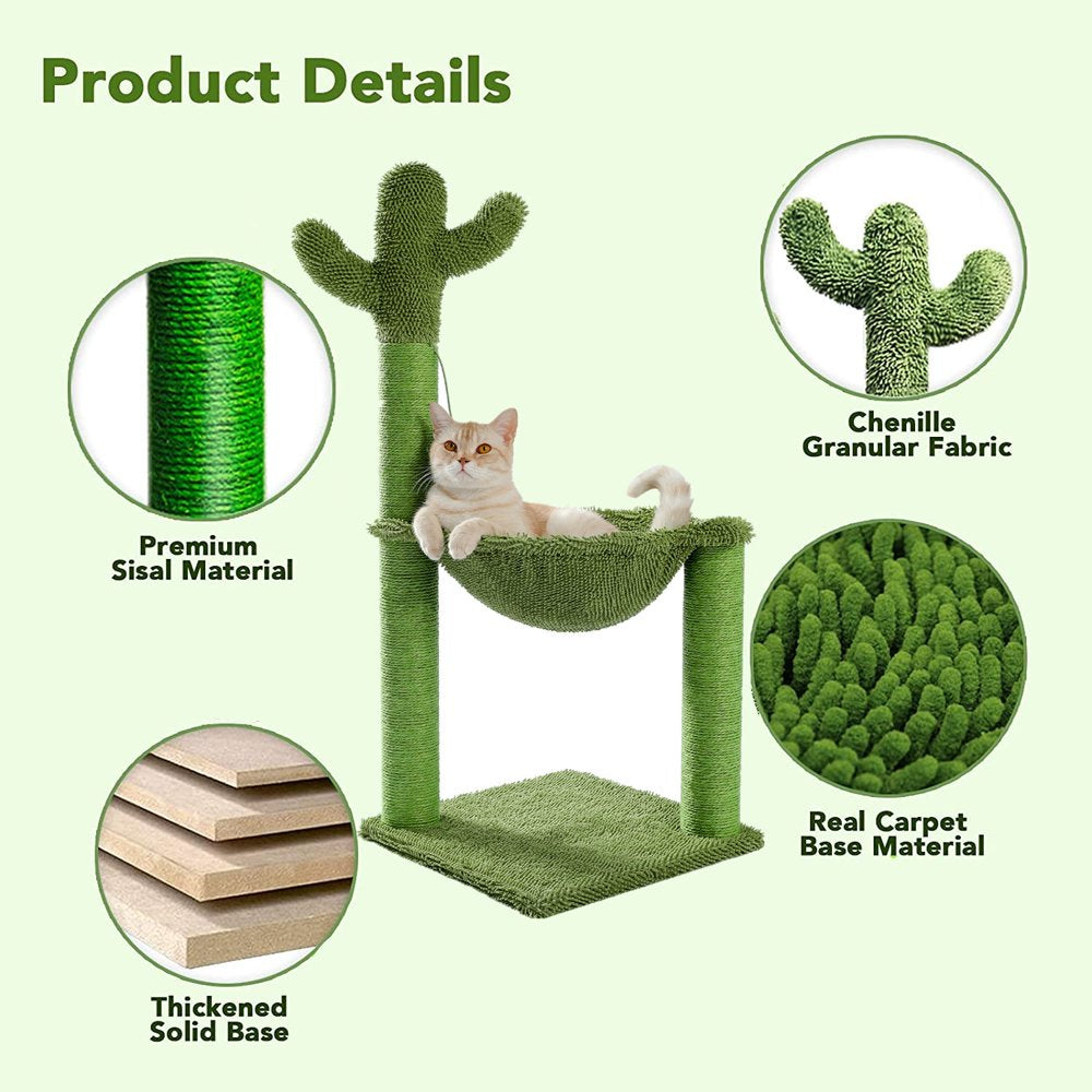 Pawz Road Cactus Cat Scratching Post 33" Large Cat Scratcher with Large Hammock for All Indoor Cats,Green