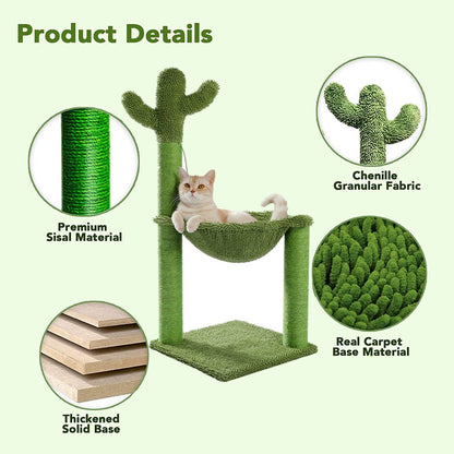 Pawz Road Cactus Cat Scratching Post 33" Large Cat Scratcher with Large Hammock for All Indoor Cats,Green