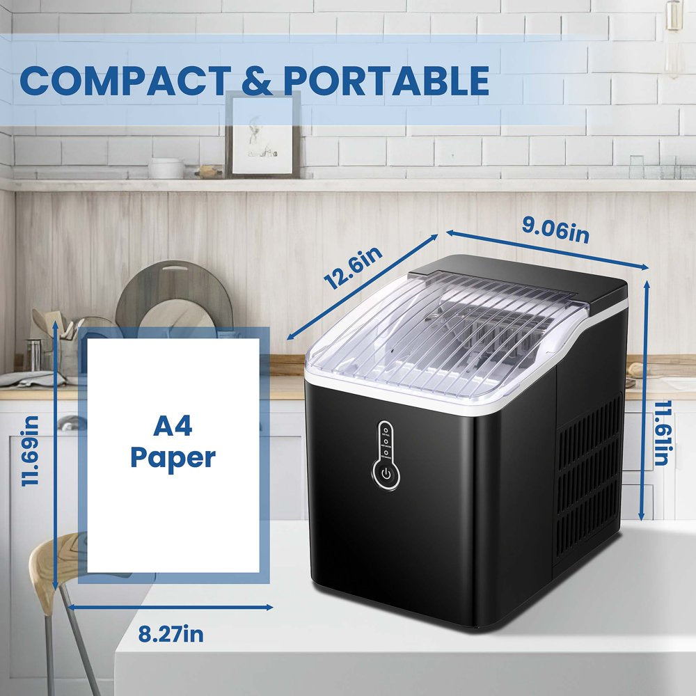 Auseo Countertop Ice Maker Machine, Portable Compact Ice Maker with Ice Scoop&Ice Basket, 9 Pcs/8 Mins, 26LBS/24H, Bullet Ice, Self-Cleaning, Home/Kitchen/Office/Bar, Black