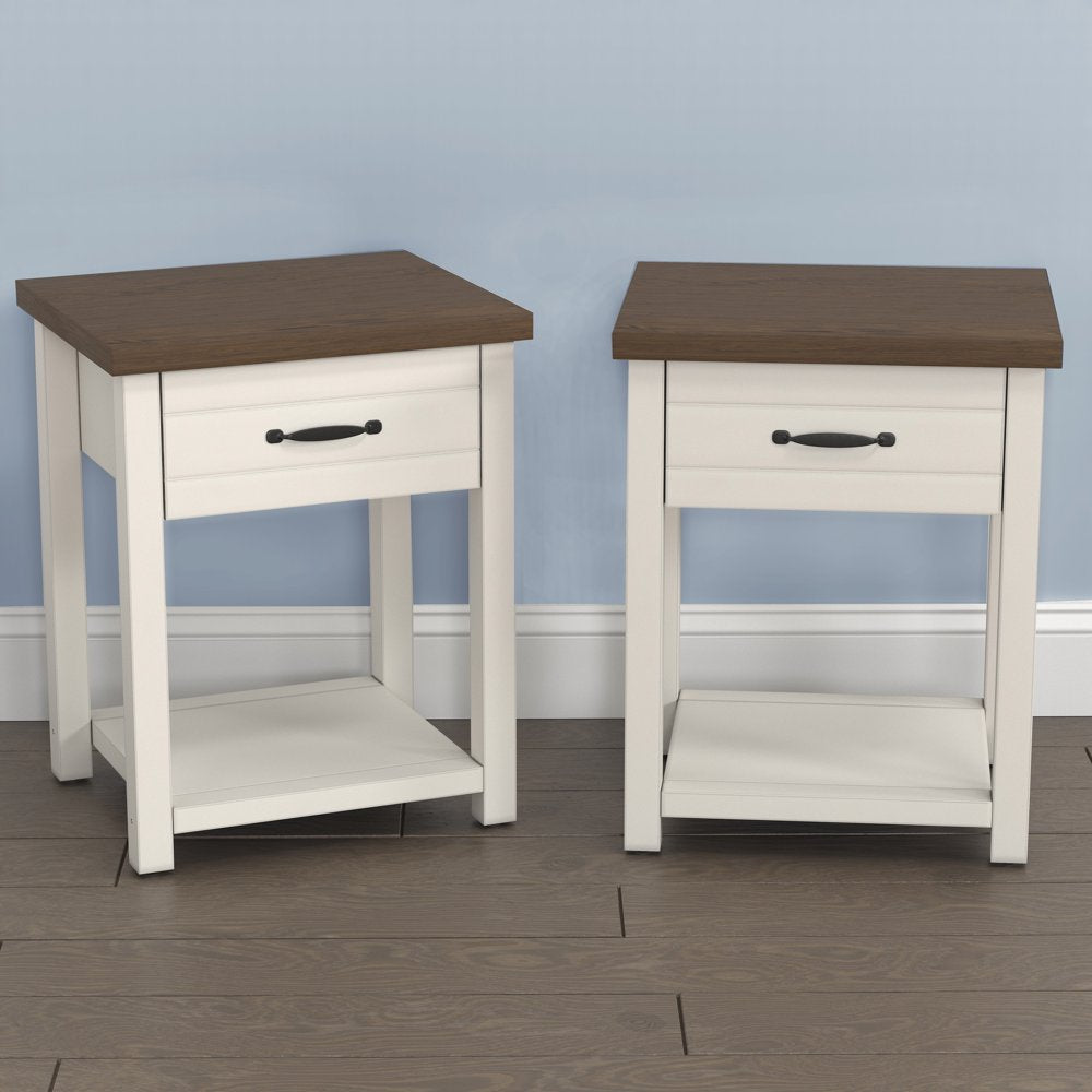 Hillsdale Lancaster Farmhouse Oak Top 1 Drawer Nightstand, Set of 2, Ivory