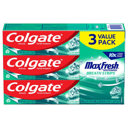 Colgate Max Fresh Toothpaste, Mini Breath Strips, Clean Mint, 3 Pack, 6.3 oz