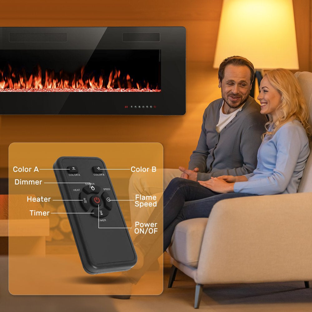 Auseo 60 inch Embedded Wall Mounted Indoor Fireplace, Ultra-thin Low Noise Lightweight LED Fireplace Heater, Touch Screen, Timer, 1500W, Adjustable Flame Color and Speed, Black