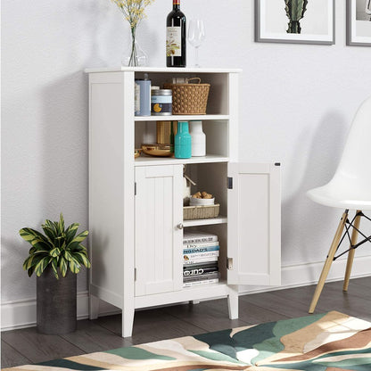 2 Tier Shelves Bathroom Storage Cabinet, Wood Storage Floor Cabinet with 2 Doors, White