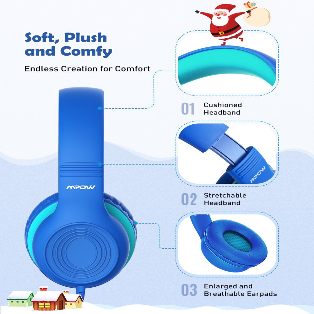 Mpow Kids Headphones with Microphone, Foldable 85/94Db Volume Limit 3D Stereo Adjustable Headband Soft Earcups over Ear Headphones for Kids, Share Function Wired Kids Headphones for School Tablet