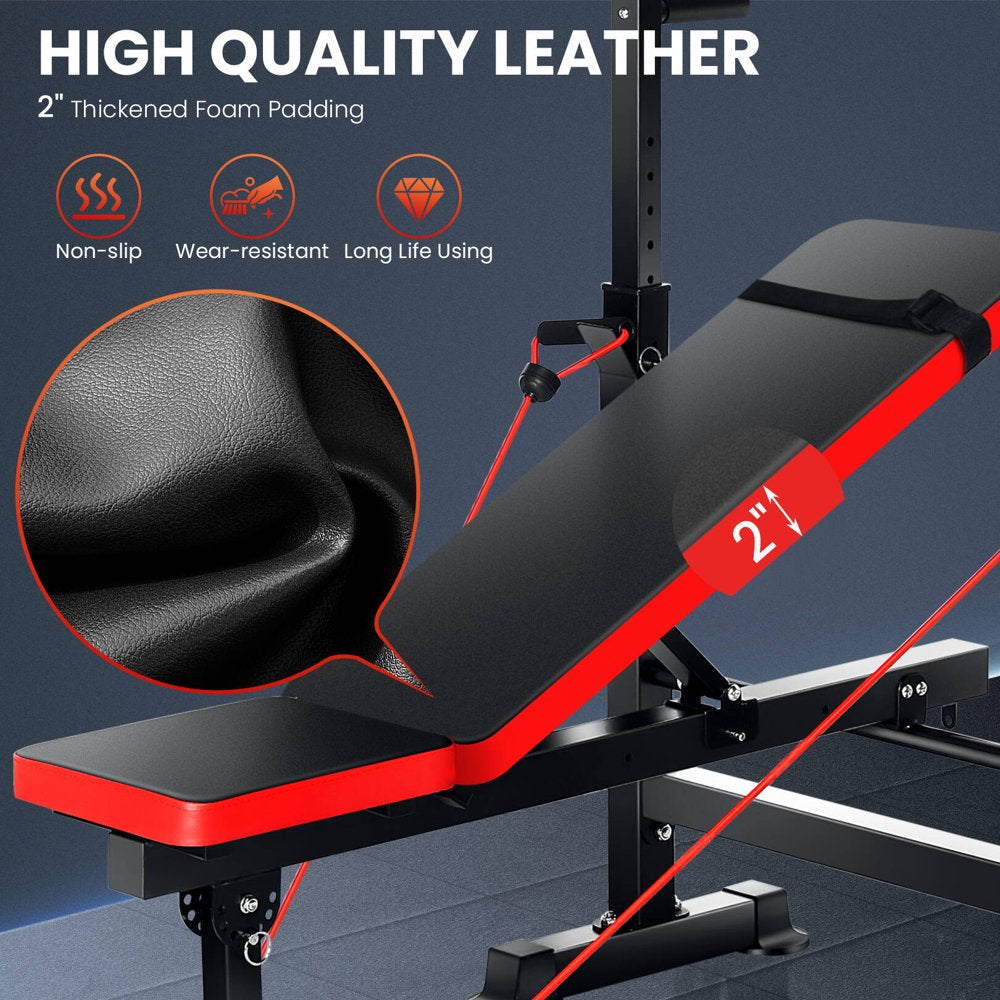  Adjustable Weight Bench 600lbs 4-in-1 Foldable Workout Bench Set with Barbell Rack, Resistance Bands, Multi-Function Strength Training Bench Press Exercise Equipment for Home Gym