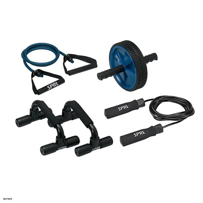 Gym Essentials Kit, Includes Jump Rope, Push-up Bars, Ab Wheel and Medium Resistance Tube