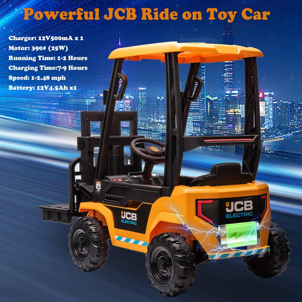 Licensed JCB 12V Powered Ride on Car to Forklift, Toddler Ride on Toy with Lifting Pallet, Remote Control, Trunk, 4 Wheels Electric Construction Vehicle for Kids 3-8 Years Old, Yellow