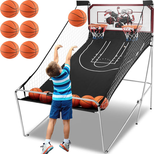 Foldable Arcade Basketball Game for Kids, BTMWAY Dual Shot Electronic Basketball Hoop Indoor, Pinball Machine with Shot Timer | Basketball Scoreboard | 6 Balls - 8 Game Modes（Double Mode 2 Players）