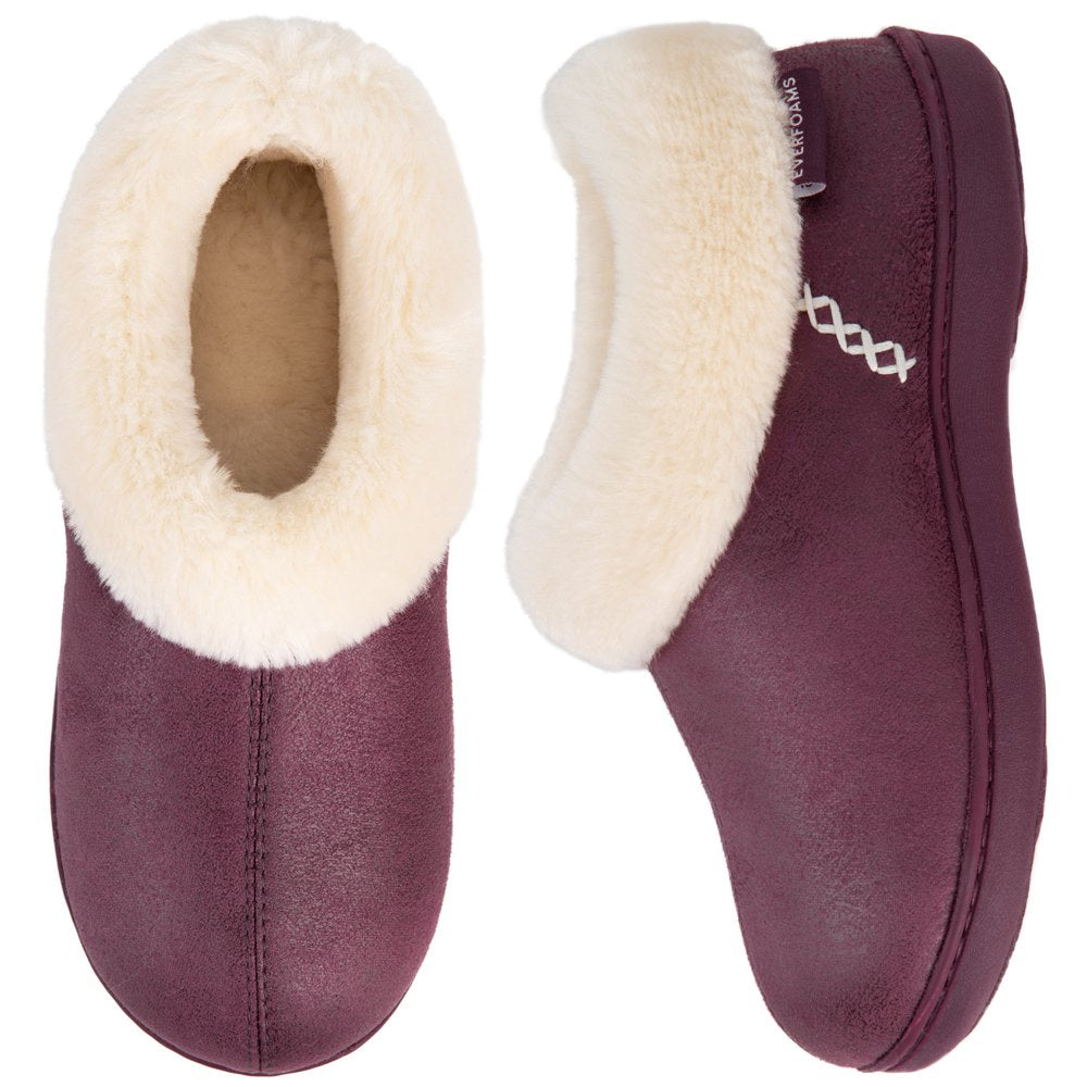  Women's Micro Suede Cozy Memory Foam Winter Slippers with Fuzzy Faux Fur Collar and Indoor Outdoor Rubber Sole