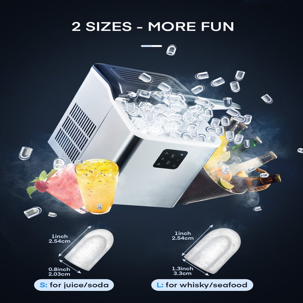 Dual-Size Ice Maker Countertop, 9 Bullet Ice in 6M, 28Lbs in 24H, Selfclean, Stainless Steel, AICOOK