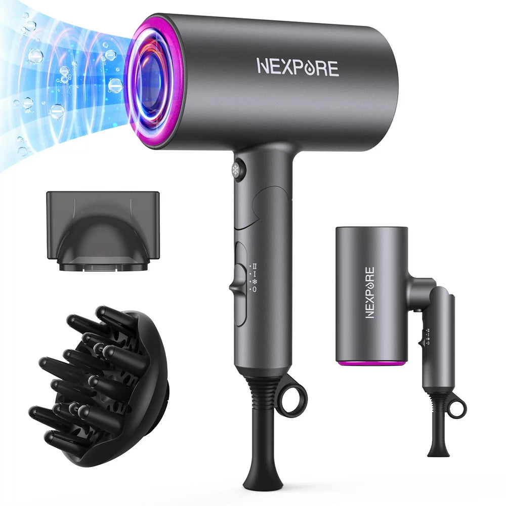 Hair Dryer, NEXPURE 1800W Professional Ionic Hairdryer for Hair Care, Powerful Hot/Cool Wind Blow Dryer, 3 Magnetic Attachments, ETL, UL and ALCI Safety Plug (Dark Grey)