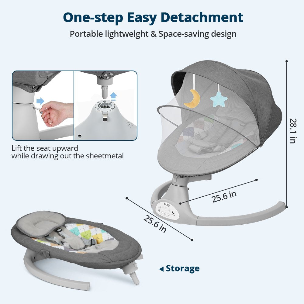 Bioby Electric Baby Swing Chair, Infant Swing with Remote Control, Built-in Bluetooth, Soft Music, Sway in 5 Speeds, Seat Belt, Gifts