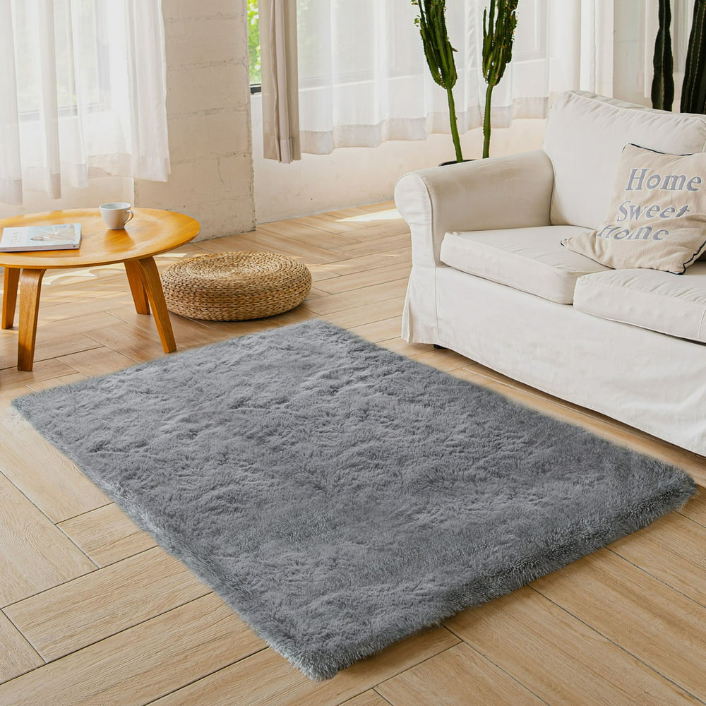 Nefoso Shag Light Gray Area Rug, 8' x 10' Soft Fluffy Area Rugs for Living Room Bedroom Kids Room Decor Carpet, Light Gray